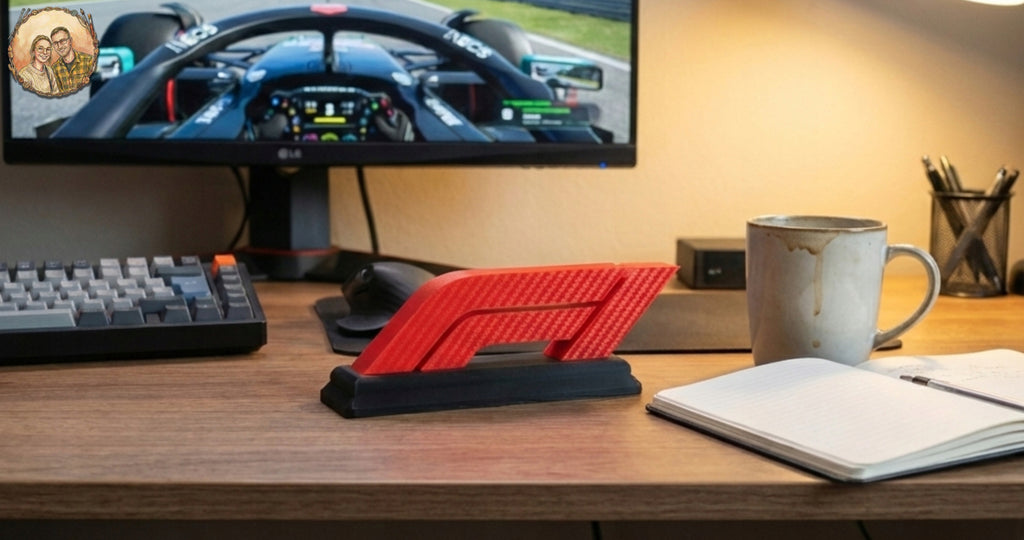 Geschenk für F1-Fans: Stehendes F1-Logo für den Schreibtisch. Carbon-Effekt