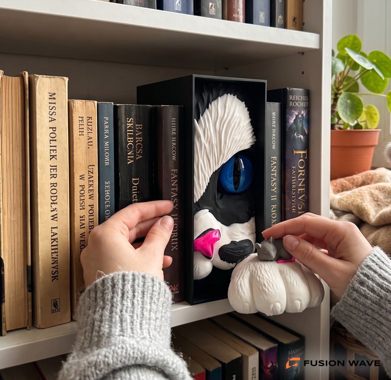 Book Nook Kot z Myszką Czarno-Biały - kocia dekoracja na książki